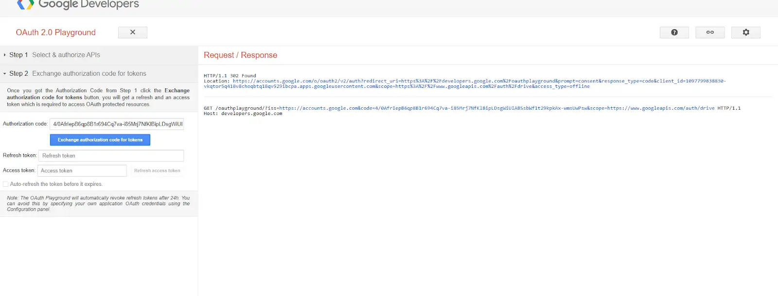 OAuth Playground — Exchange tokens